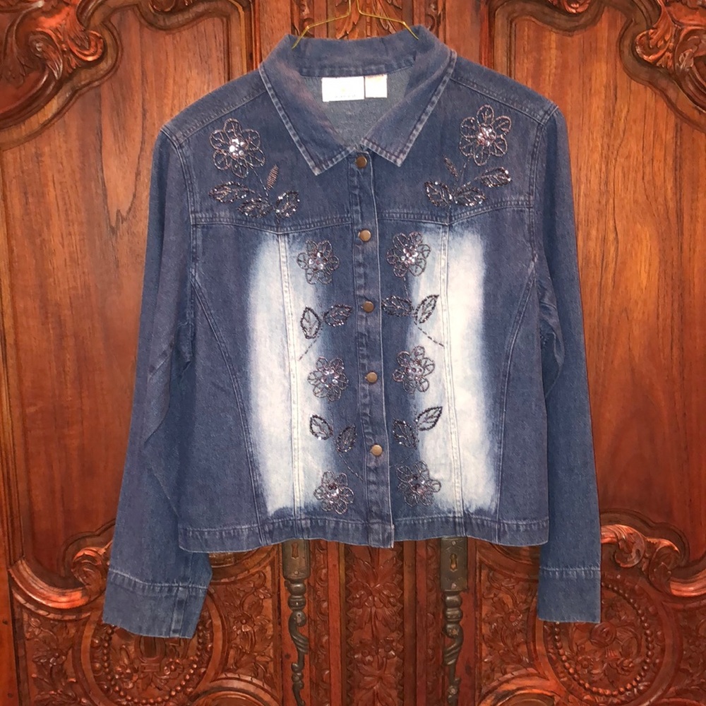 Women’s Jean Jacket with White Wash and Floral Beaded Patterns on Front and Back